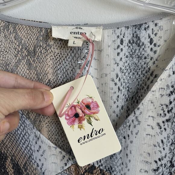 NWT Entro Python Print Babydoll Mini Dress Puff Sleeves Boho Chic Size Large - Picture 4 of 13